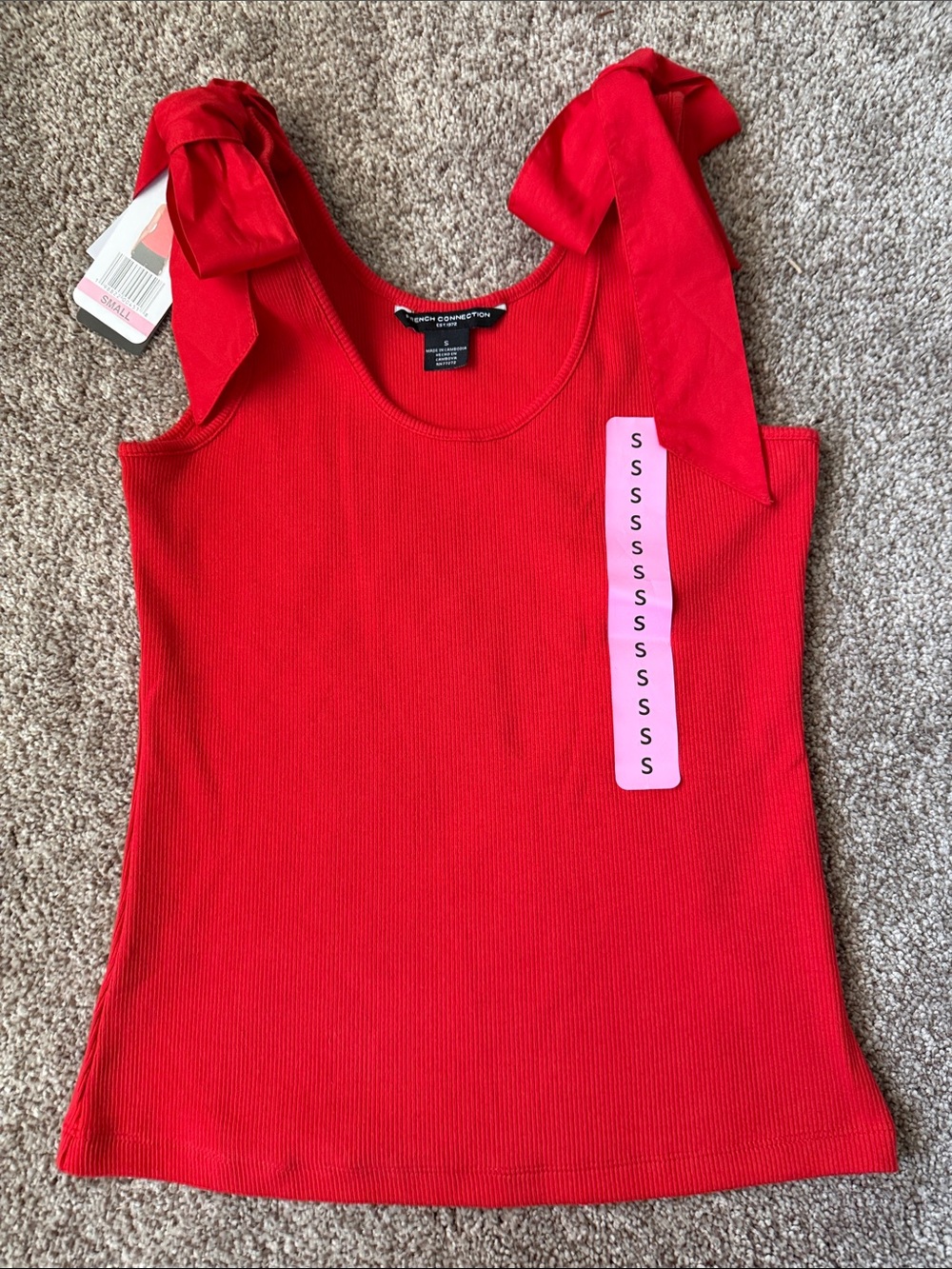 French Connection Red Ribbed Tank with Tie-Shoulder Straps